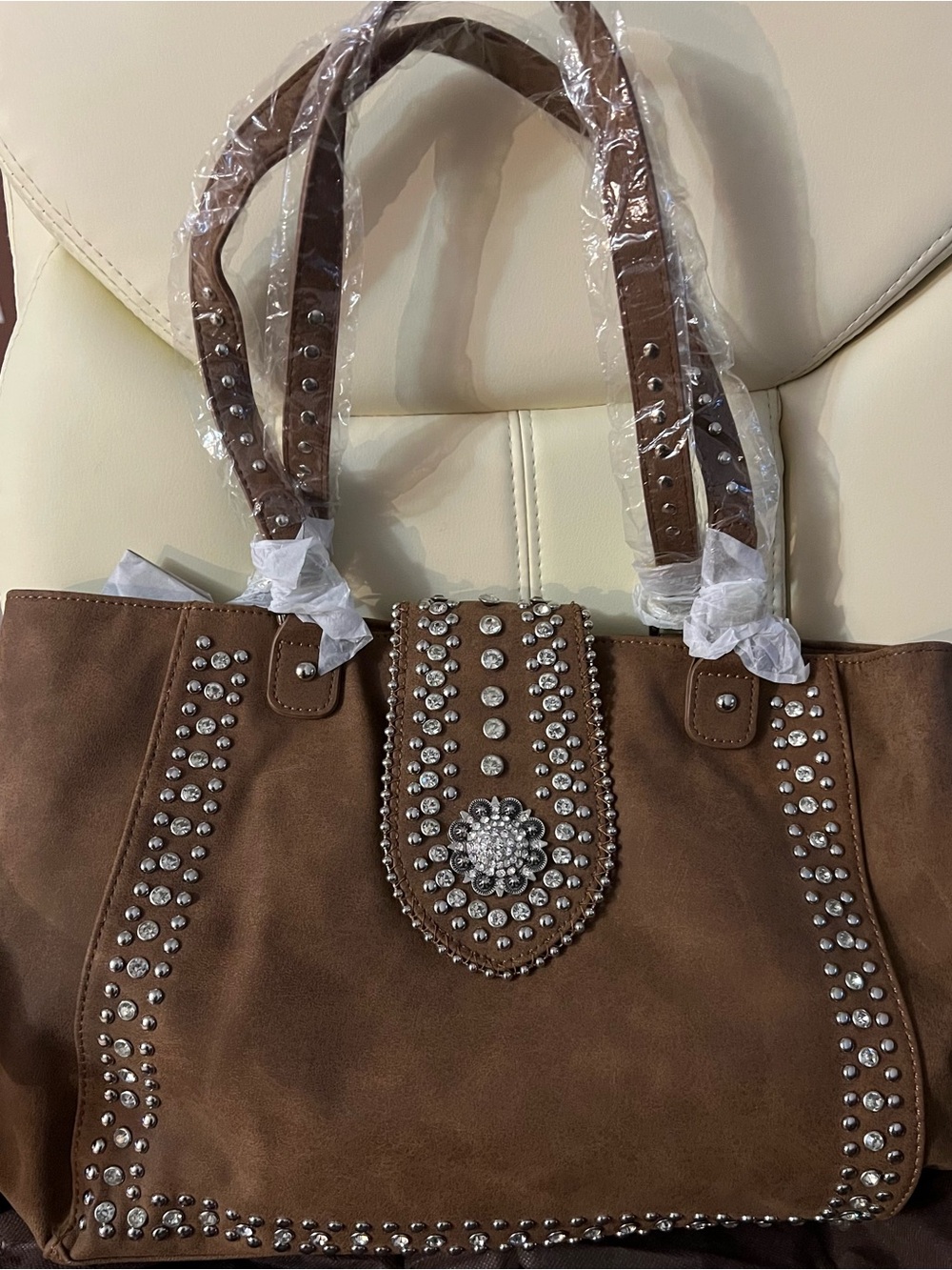 Montana West Brown Studded Shoulder Bag with Crystal Medallion